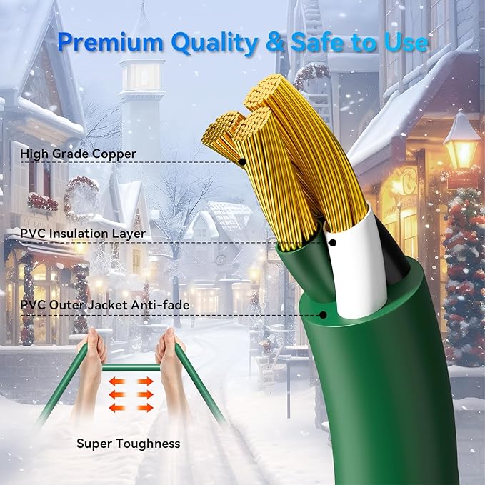 K KASONIC - 25 FT Halloween Lights Outdoor Extension Cord 1 to 3 Splitter, 3 Prong Outlets Plugs, 16AWG/3C SJTW Weatherproof Wire for Holiday Decoration Light, ETL Listed, Green