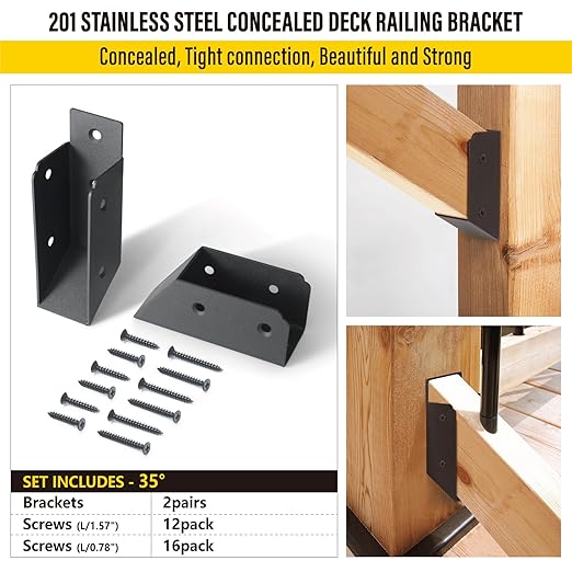 201 Stainless Steel 2" x 4" (1 ½" x 3 ½" Actual) Deck Railing 35° Stair Connectors, for Deck Railing Stair Handrail Connection Installation Deck Railing Bracket (2 Pair-Black)