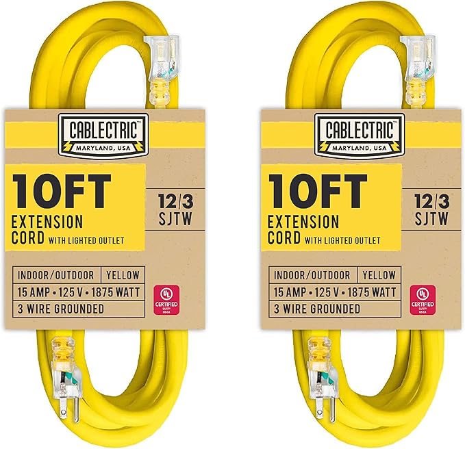 2 Pack 12 Gauge Outdoor Extension Cord 10 ft, 12/3 Heavy Duty Extension Cord 3 Prong Lighted End, SJTW Weatherproof Industrial Electrical Cable for Major Appliances, Proudly American Brand