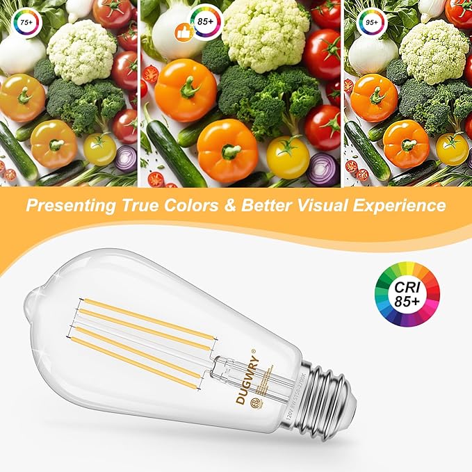 8W LED Edison Light Bulbs 60 Watt Equivalent, Dimmable ST58 Vintage Light Bulbs 800LM, E26 Medium Base, Antique Clear Glass Filament Bulbs, 2700K Warm White, CRI 85, 20-Pack