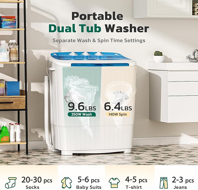 Greenvelly Portable Washing Machine, 16 Lbs Compact Mini Washer and Dryer Combo, Semi-automatic Twin Tub Washer with Drain Pump for Dorms, Apartments, RVs (Blue)