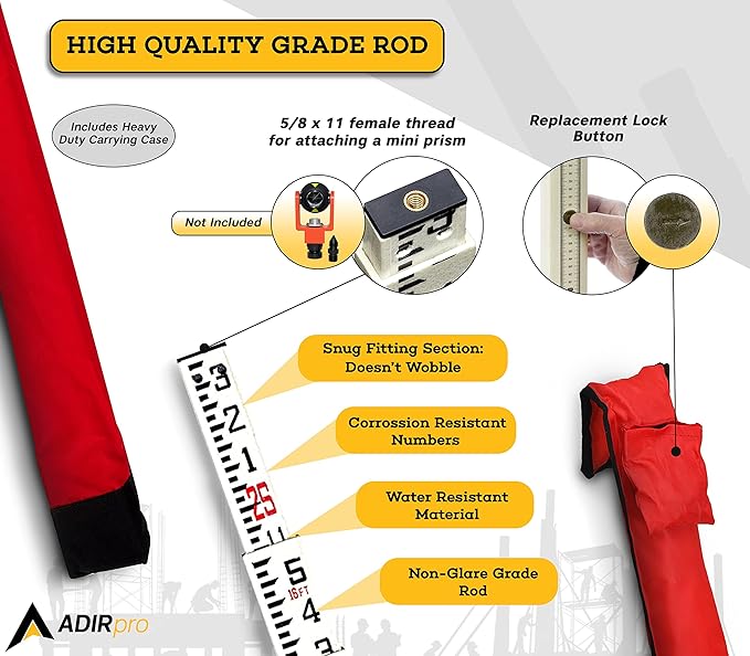 AdirPro 25-Foot Fiberglass Grade Rod – 8ths, 6-Section Telescoping Rectangular Leveling Rod – Non Glare and Corrosion Resistant – Heavy Duty Carrying Case Included