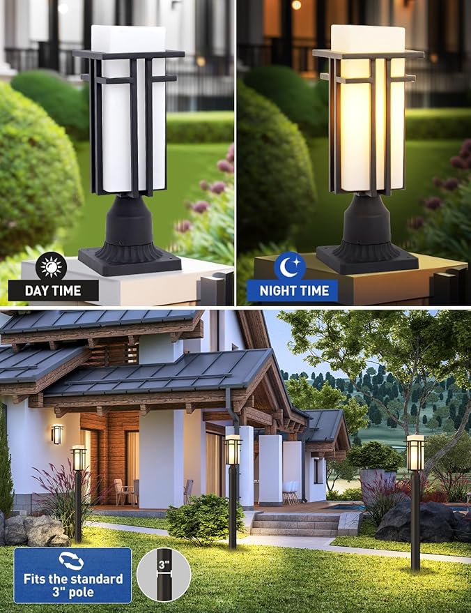 Outdoor Post Lights Waterproof Metal Frame with Milk White Frosted Glass Pier Mount Outdoor Lighting Fixtures(with 3-Inch Pier Mount Base) Pillar Light Post Lantern for Garden Backyard and Porch