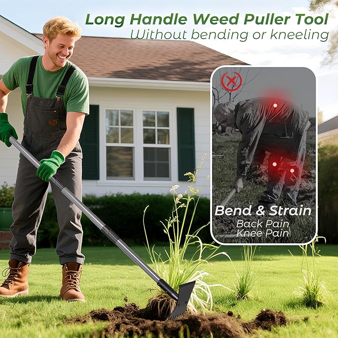 Walensee Weed Puller Tool with Long Handle, 64inch Manual Weeder Remover Tool, 7-Tines Weed Rake and 2-in-1 Hoe Garden Tool for Gardening, Uprooting Weeding Pull for Yard, Lawn, Patio and Garden