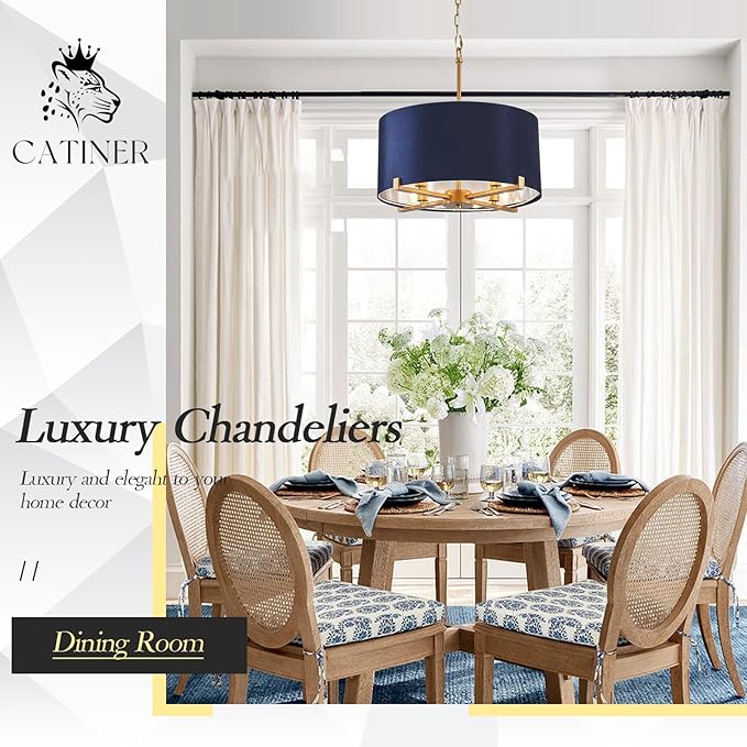 Drum Chandelier,18” Blue and Gold Round Ceiling Pendant Light Fixture Velvet Fabric Shade 4 Lights Modern Semi Flush Mount Hanging Chandelier for Dining Room Foyer Hallway