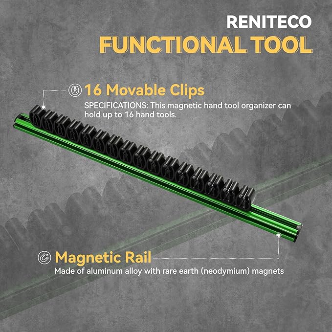 Magnetic Screwdriver Organizer, Aluminum Alloy Rail Tool Holder, Fits Up to 16 Screwdrivers (Green)