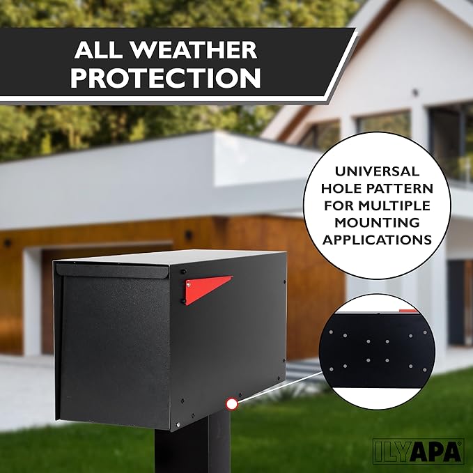 Ilyapa Locking Mailbox with Lock and Key Modern Mailboxes for Outside Post Mount - Black Exterior Powder Coated Steel Heavy Duty Welded Mailbox