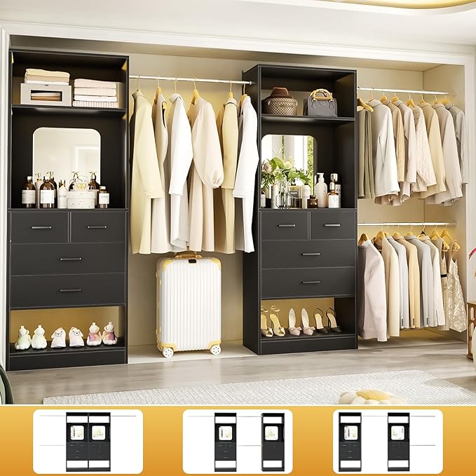 Unikito Closet Systems, 6-14FT Walk in Closet Organizer with 8 Drawers and Mirror, 168" Large Wood Closets Insert with Tower, Sturdy Wardrobe Closets Garment Rack with Extendable Hanging Rods, Black