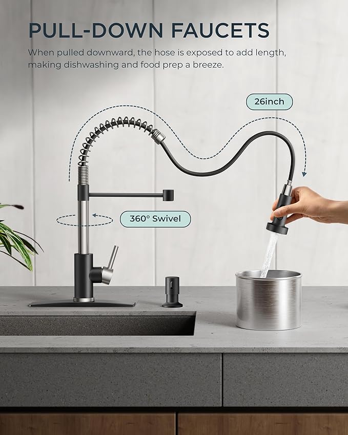 FORIOUS Kitchen Faucet with Soap Dispenser, Stainless Steel Spring Sink Faucet with Pull Down Sprayer Transitional Single Handle for Pot Filler, Farmhouse Camper Bar Laundry Room, Black Brushed