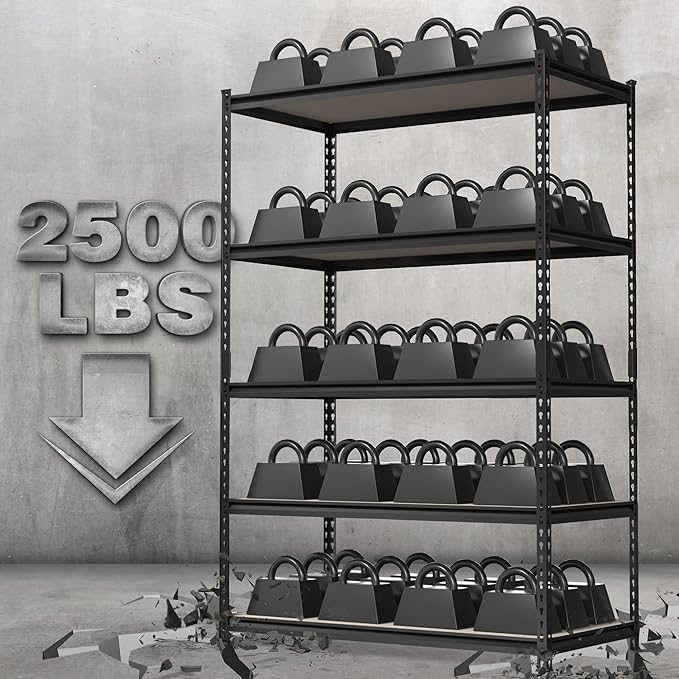 WORKPRO 5-Tier Metal Garage Shelving, 48”W x 24”D x 72”H, Adjustable Storage Rack, Heavy Duty Shelf with Particle Board, 2500 lbs Load Capacity (Total) for Garage, Basement, Warehouse, Kitchen