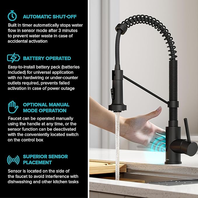 KRAUS Bolden Touchless Sensor Commercial Style 2-Function Single Handle Pull Down Kitchen Faucet in Matte Black, KSF-1610MB