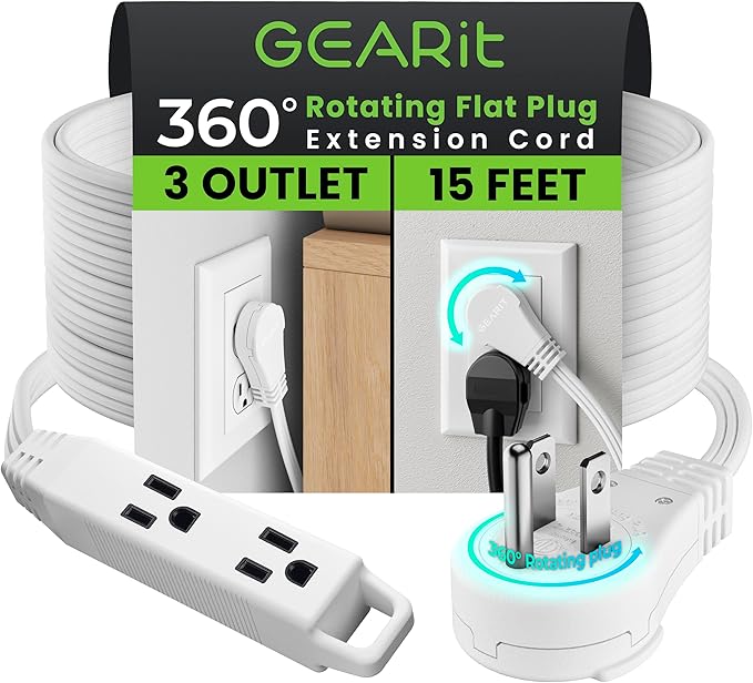 GEARit 360 Rotating Flat Plug Extension Cord (15ft, White) Multi 3-Outlet Extension 16 AWG Wire, Adapter for Small Spaces, Right Angle Socket, ETL Certified - 15 Feet