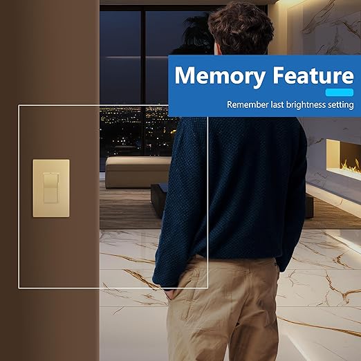 LIDER Dimmer Paddle Switch for Dimmable 300W LED/CFL Lights, 1-Pole or 3-Way, 120 V, Modern Upgrade, UL Listed, Screwless Wall Plate Included, Gold