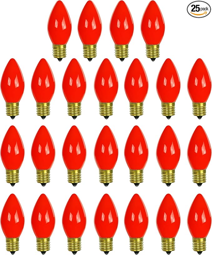 Sunlite Incandescent C9 Colored Night Light Bulb, 7 watts, 120 Volts, Intermediate E17 Screw Base, 2000 Rated Hours, Christmas-Lights Nightlight, Red, 25 Pack