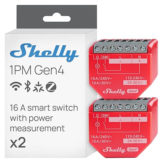 Shelly 1PM Gen4 | Wi-Fi, Zigbee, Matter Smart Relay Switch with Power Metering, 1-Channel 16A | Home Automation | Alexa, SmartThings, Google Home, Apple HomeKit Compatible | iOS Android App (2 Pack)