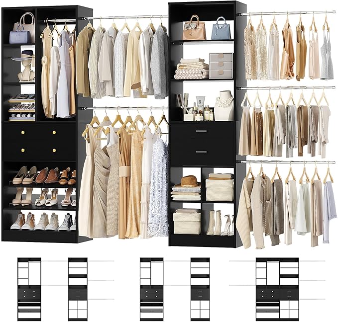 Closet System, Up to 128.6"/10.7 FT Closet Organizer with 4 Wooden Drawers and Shelves, Walk-in Closet System with 6 Hanging Rods, Built-in Closet Can Fit 96"/8FT, 120"/10FT, Black
