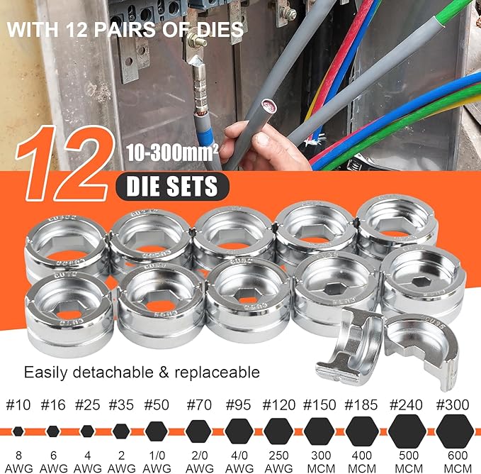 Multifunctional Electric Hydraulic Crimping Tool, 12 Ton 8AWG-600MCM and Pro Press Copper Crimper Tool with 1/2, 3/4, 1 Crimping Range, Hydraulic Cable Cutte φ25/32”Steel Wire Cutter 120KN