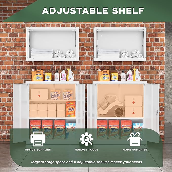 Greenvelly Metal Storage Cabinet, 36" Locking Storage Cabinet with Doors and Shelves, Lockable Storage Cabinets for Home Office, Utility Locker Cabinet, Steel Garage Cabinet with 2 Keys, White Grey