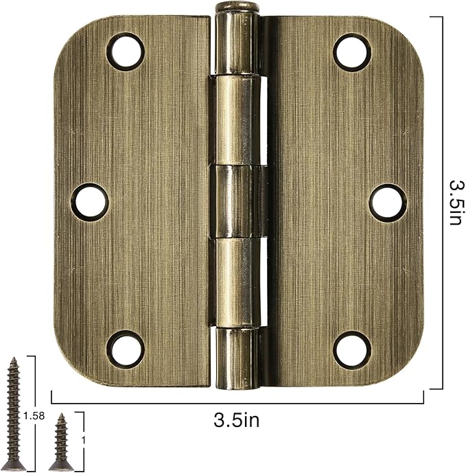 12 Pack Antique Brass Door Hinges 3.5 Inch Interior 3 1/2" Round 5/8" Radius Heavy Duty Metal Hardware Kit 3 ½" 5/8" Radius Flat Hinge for Bifold Doors Decorate Master Bedroom Storage Room