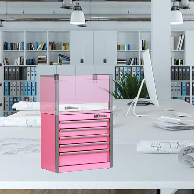 P.I.T. Mini Pink Tool Box, Portable 5-Drawer Micro Roll Cab Steel Tool Box with Liner, Pink Small Tool Case for Tools Storage, Home DIY