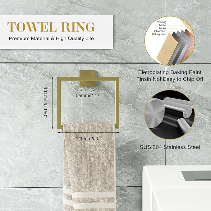 Bathroom Accessory Towel Bar Set: 5 Pieces Gold Bathroom Hardware Square SUS304 Stainless Steel - Wall Mounted Towel Rack&Toilet Paper Holder&Towel Ring and Towel Hook