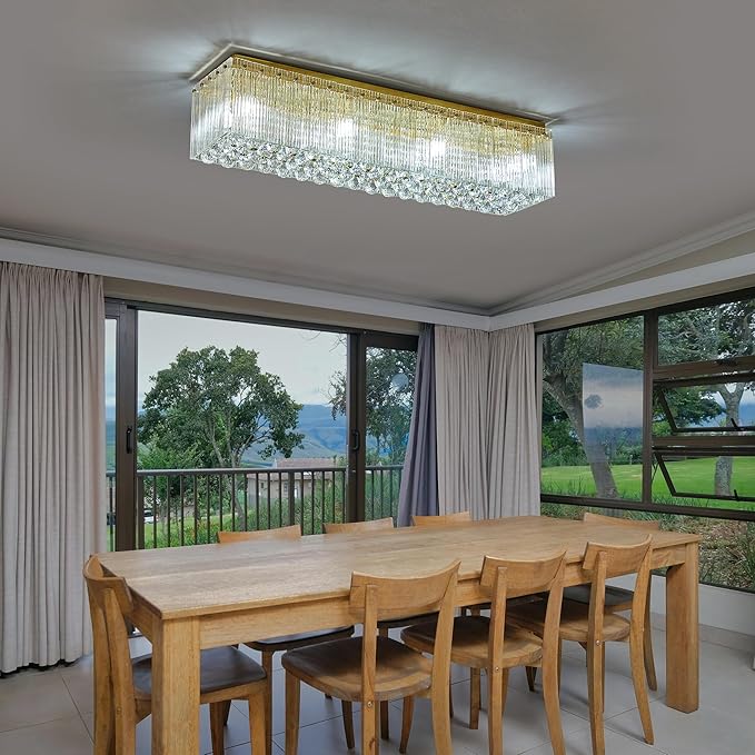 40 Inches Crystal Chandeliers for Dining Room, Gold Modern Ceiling Light for Living Room, Flush Mount Chandelier, Light Fixture for Entryway, Foyer, 8 Bulbs(Not Inclubed), E12 Base