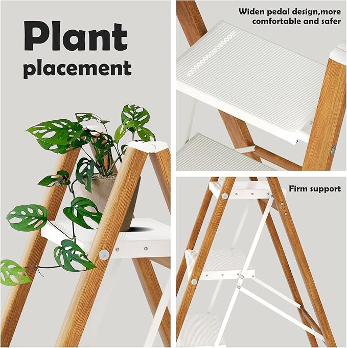 Taranta 3 Step Ladder,Aluminum Lightweight Folding 3 Step Stool with Anti-Slip Wide Pedal,330lbs Capacity Step Ladder for Household,Kitchen,Office - White Woodgrain