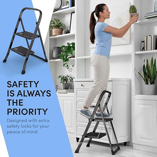 Lifetime Home 2-Step Ladder with Wide Anti-Slip Platform & Thick Rubber Feet - Lightweight Heavy Duty Foldable & Portable - 330 lbs Capacity, Steel Frame, Rubber Handgrip, Folding Step Stool - Black
