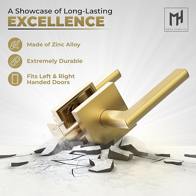 Mega Handles Prime Passage Lever Door Handle for Hallway, Closet and Bathroom, Reversible Design Door Levers, Fits All Standard Door Sizes, Covered Screws Included - Satin Brass (1 Pack) 4.29"