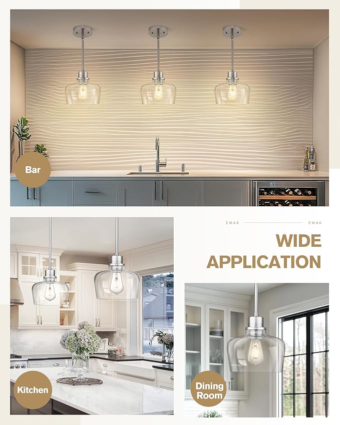 Emak 8 Inch Clear Glass Pendant Lights Kitchen Island, 2 Pack Brushed Nickel Pendant Light Fixtures, Modern Island Lights for Kitchen, Dining Room, Bar, PL122-BN-CG-2PK