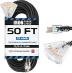 Iron Forge Cable 12 Gauge Extension Cord with Multiple Outlets - Black Heavy Duty Extension Cord 50 ft - 12/3 SJTOW, 3 Prong Lighted Outlet Cords
