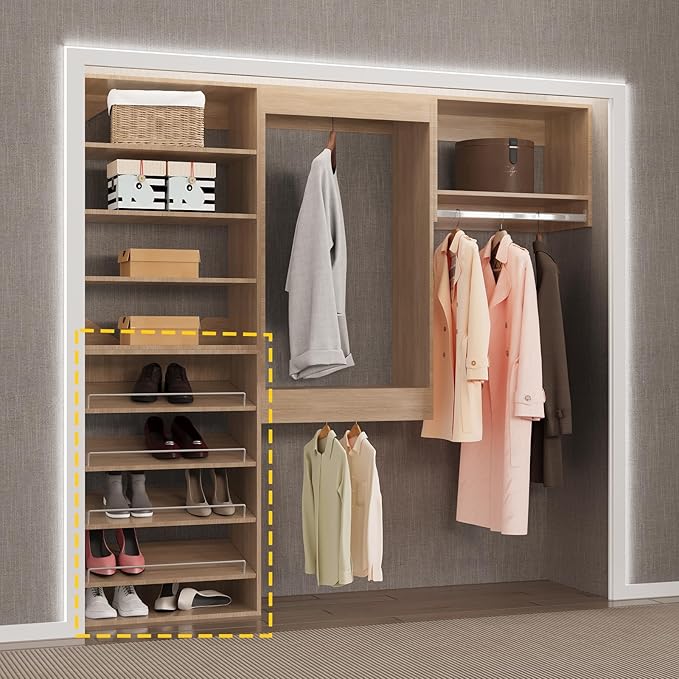 Shoe Shelf Short Tower Closet Unit, Modular Closet System, Wood Closet System Organizer with Storage for Walk In Closets, Clothing Rack for Hanging Clothes, Bedroom, Wood, 25.5"W