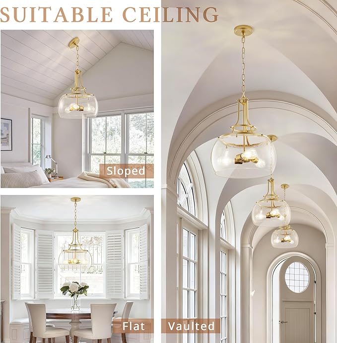 Industrial Round Chandelier Rustic Ceiling Light Fixture 3-Light Farmhouse Pendant Light with Seeded Glass Shade for Dining Room Hallway Entryway Kitchen Bedroom, Gold