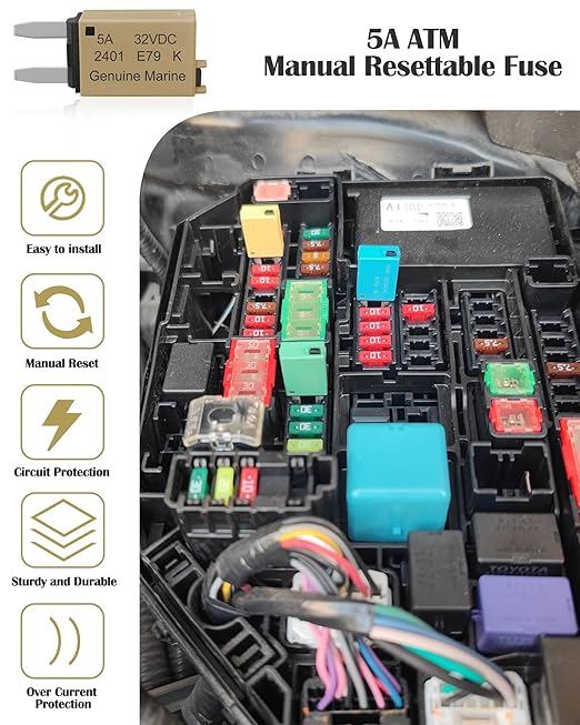 5A Low Profile Mini Fuse Kit– Automotive 5A ATM Manual Reset Circuit Breaker Fuses for Boat, RV, Car, Truck, DC 12V/32V 5 Amp Manual Resettable Blade Assortment Kit with Resettable Fuses