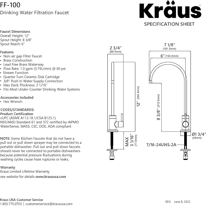 KRAUS Purita 100% Lead-Free Kitchen Water Filter Faucet in Brushed Brass, FF-100BB