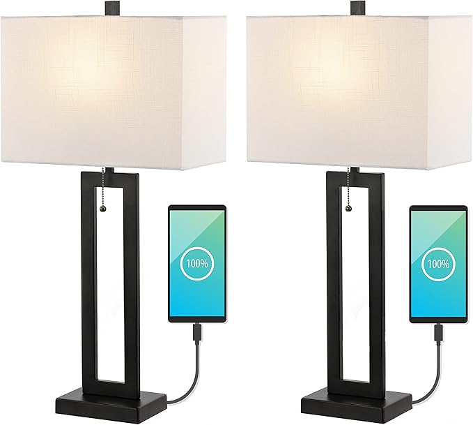 JONATHAN Y JYL1126C-SET2 Sabrina 28.5" Vintage Industrial Iron LED Table Lamp with Pull-Chain and USB Charging Port Mid-Century, Minimalist Bedside Desk Nightstand Lamp, Black (Set of 2)
