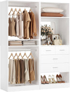 Unikito 50” Closet System with 4 Drawers, 4.2FT Wood Closet Organizer with Hanging Rods and Mirror, Reversible Small Walk in Closet Wardrobe, Adjustable Sturdy Clothes Garment Rack, Set of 2, White