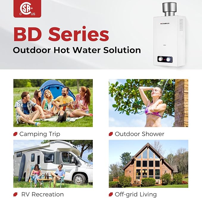 CAMPLUX 2.64 GPM Portable Tankless Water Heater, Outdoor Propane Water Heater with 4.33" S/S Rain Cap, for Camping, Cabin, Windproof Design, 68,000 BTU, BD264C