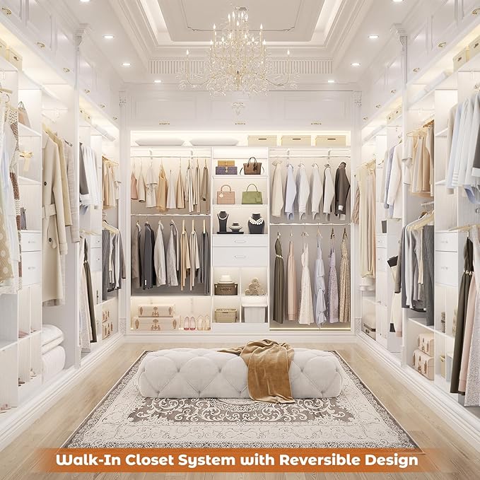 Closet System - 4.75-8FT Closet Organizer System with Wooden Drawers & Cube Storage Organizer, Up To 96" Closet Systems for Nursery & Walk-In Closets with Cuttable Hanging Shelving, White