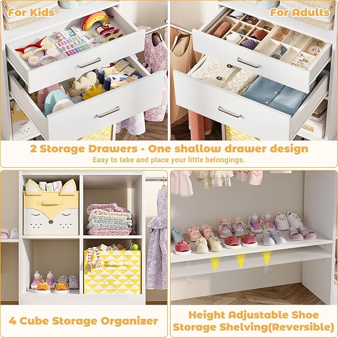 Closet System - 4.75-8FT Closet Organizer System with Wooden Drawers & Cube Storage Organizer, Up To 96" Closet Systems for Nursery & Walk-In Closets with Cuttable Hanging Shelving, White