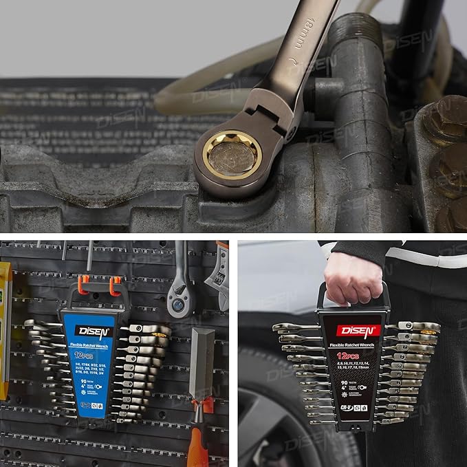 DISEN 12 Pcs Flex Head Ratcheting Wrench Set 90 Teeth, Metric Combination Ratchet Wrenches Set 8-19MM, Nickel Plating Cr-VSteel with Organizer Rack