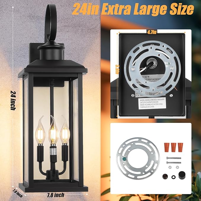 24" Extra Large Outdoor Wall Light Fixture 2-Pack, Black 3-Light Modern Porch Lantern, Waterproof Exterior Lighting Sconce Wall Mount, Outside Lamp for House Garage Patio E12 Base