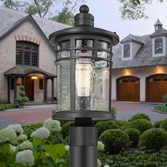 Darkaway Large Outdoor Post Lights Lamp Posts Outdoor Lighting, 17inch Aluminum Post Lights Waterproof Outdoor Light Fixtures with Glass, Light Posts for Outside Patio Yard (Large, Black)