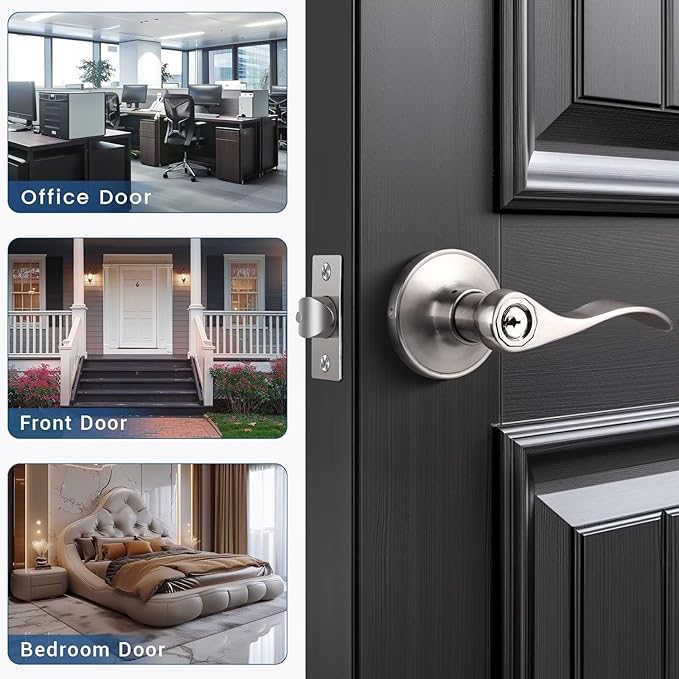 Knobonly Brushed Nickel Entry Door Levers with Keys Wave Style-Reversible for Right or Left-1 Pcs