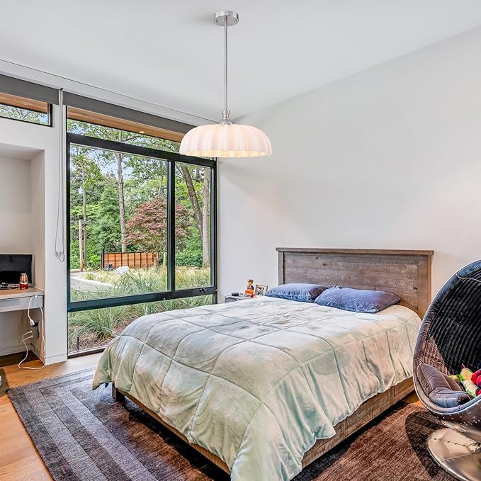 15.7" Vintage Flower Brushed Nickel Chandelier - Adjustable Height White Milk Glass Shades Pendant Light Fixture for Kitchen Island, Dining Room, Bedroom