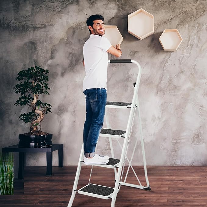SIMPLI-MAGIC 4-Step Ladder, 350 LBS Capacity Folding Step Stool – Anti-Slip Wide Steps, Rubber Feet, Handgrip – ANSI Certified Lightweight & Durable Steel Stepping Stool for Kitchen, Home & Garage