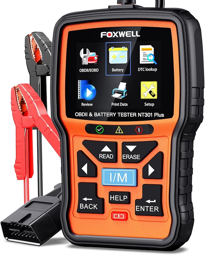 (Upgraded of NT301)FOXWELL NT301 Plus 2-in-1 OBD2 Scanner Battery Tester, Professional Check Engine Code Reader Car Diagnostic Tool, 12V 100-1100CCA Cranking Charging Analyzer for 1996+ Newer Vehicle