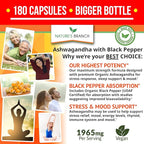 UDAF Certified Organic Ashwagandha with Black Pepper - 180 Capsules - 1965mg Extra Strength for Stress, Sleep, Mood, Thyroid, Focus, Hair, Vegan Pure Root Extract Powder - Men and Women Supplements