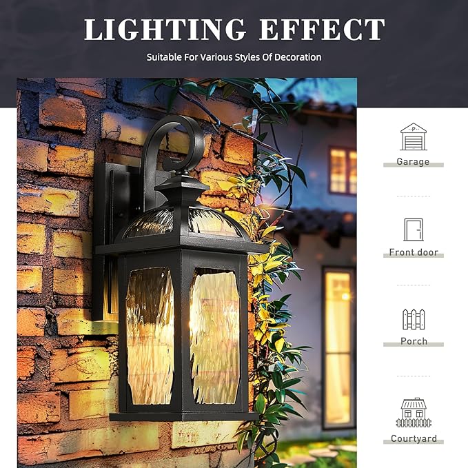zeyu 15 Inch Outdoor Wall Lights Exterior, Outdoor Patio Light Fixture for Garden Porch, Die-Cast Aluminum with Water Ripple Glass, Black Finish, ZD100B BK-WP