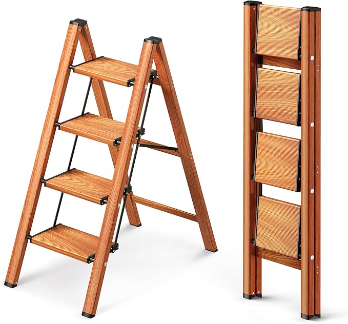 GameGem 4 Step Ladder, Folding Step Stool with Anti-Slip Wide Pedal, Aluminum Material Lightweight Yet Sturdy, 300 Lbs Load, Cute Modern Apperance for Indoor Household Spaces
